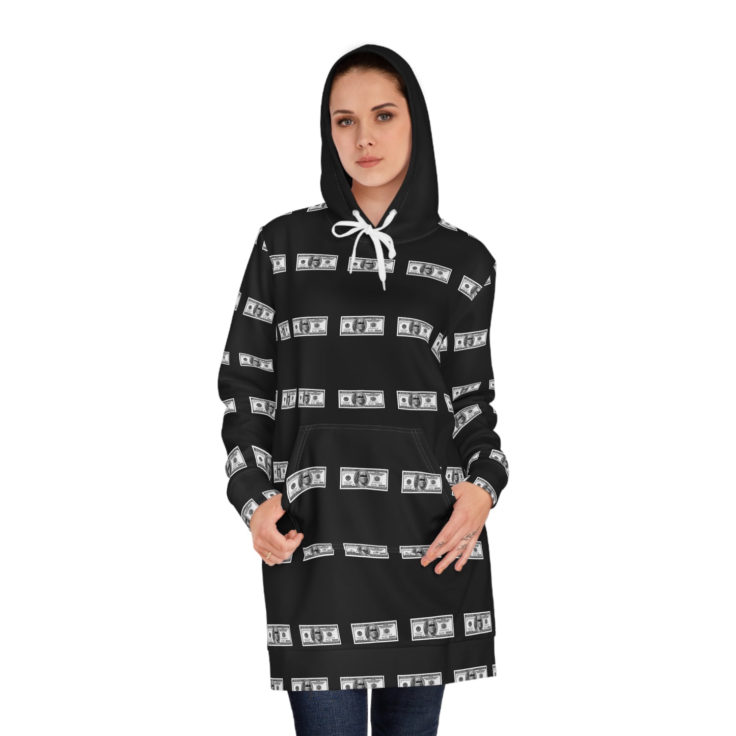 Women's Hoodie Dress (AOP) 100 Dollar Bill